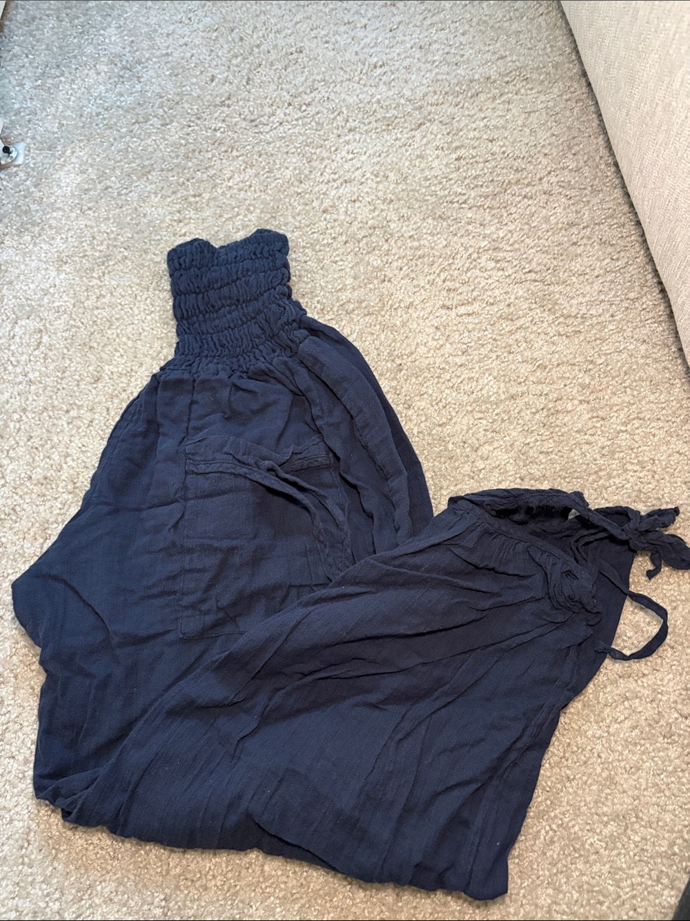 Smocked High-Waist Wide-Leg Jumpsuit in Navy